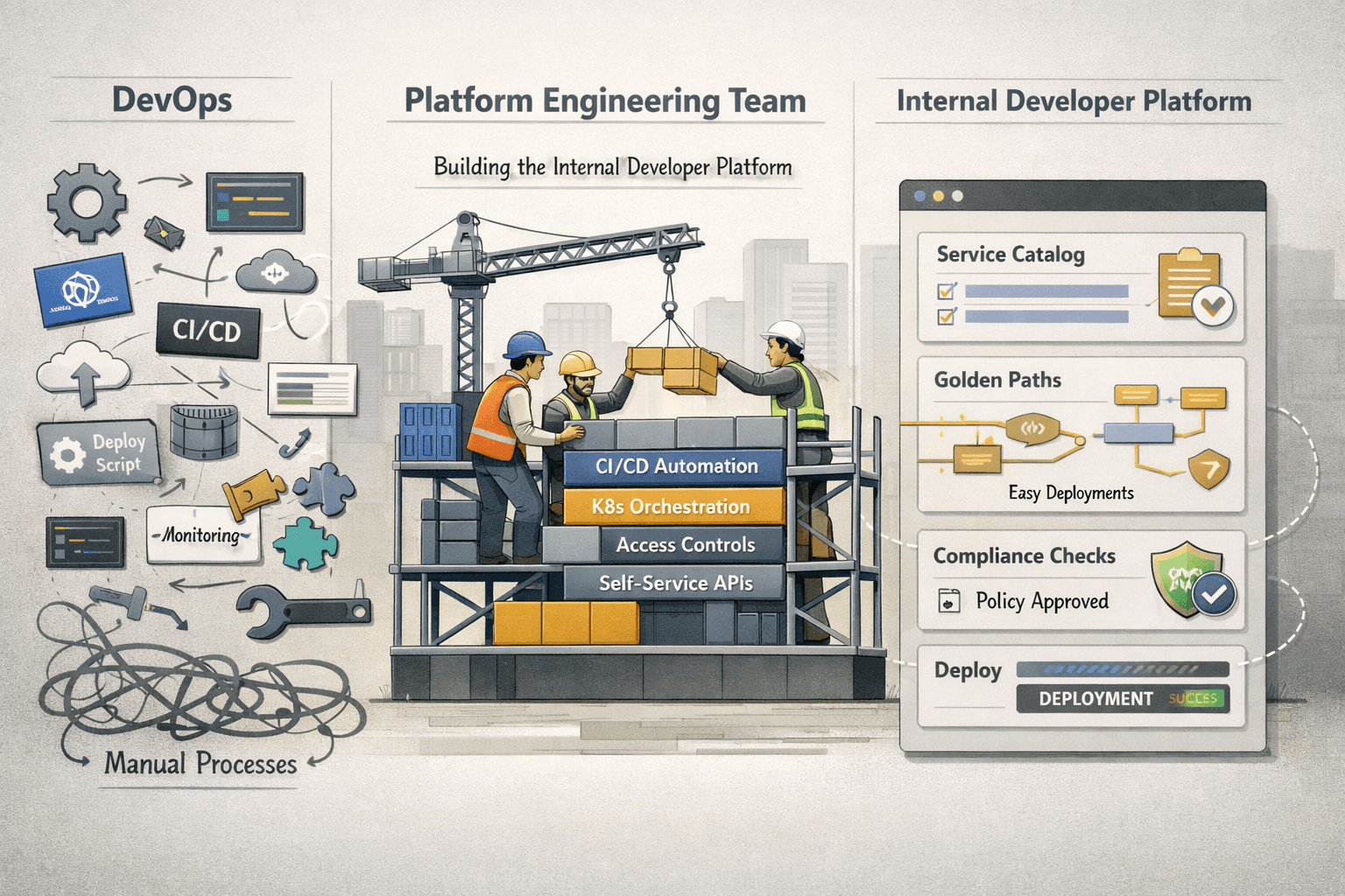 Diagram showing scattered DevOps tools becoming a unified internal developer platform