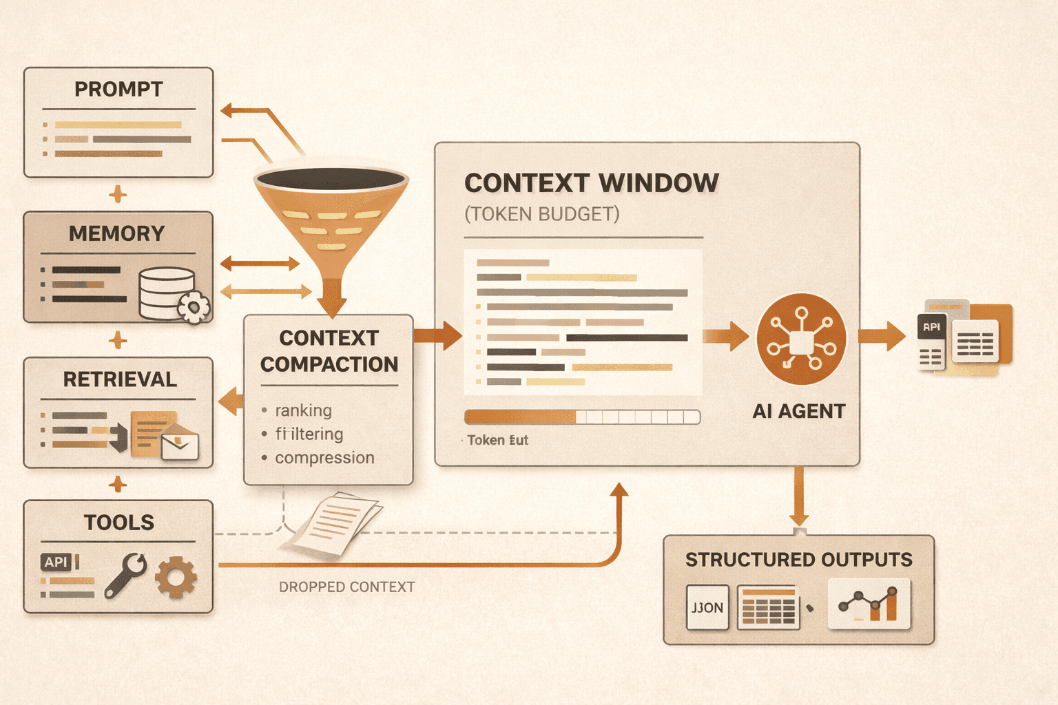 Diagram of an AI agent receiving selected context from memory, retrieval, and tools