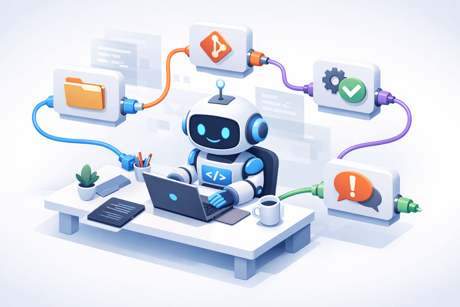 Isometric robot dev bot connecting to MCP tools for files, git, CI, and issues.