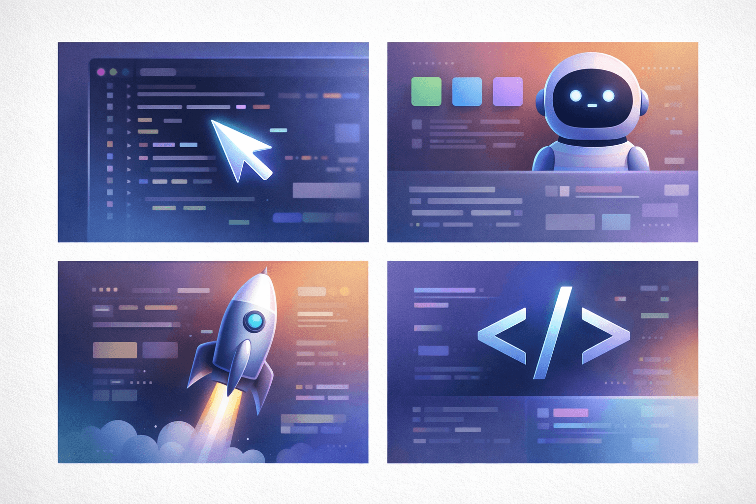 Screenshot-style collage of Cursor / Replit / Lovable / v0