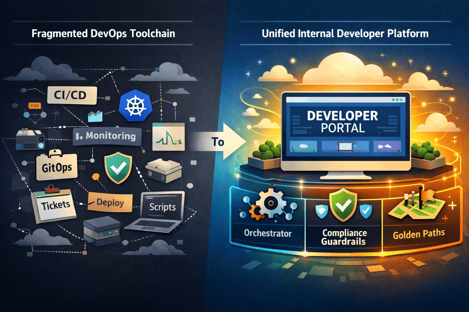 Illustration showing scattered DevOps tools consolidated into an internal developer platform.