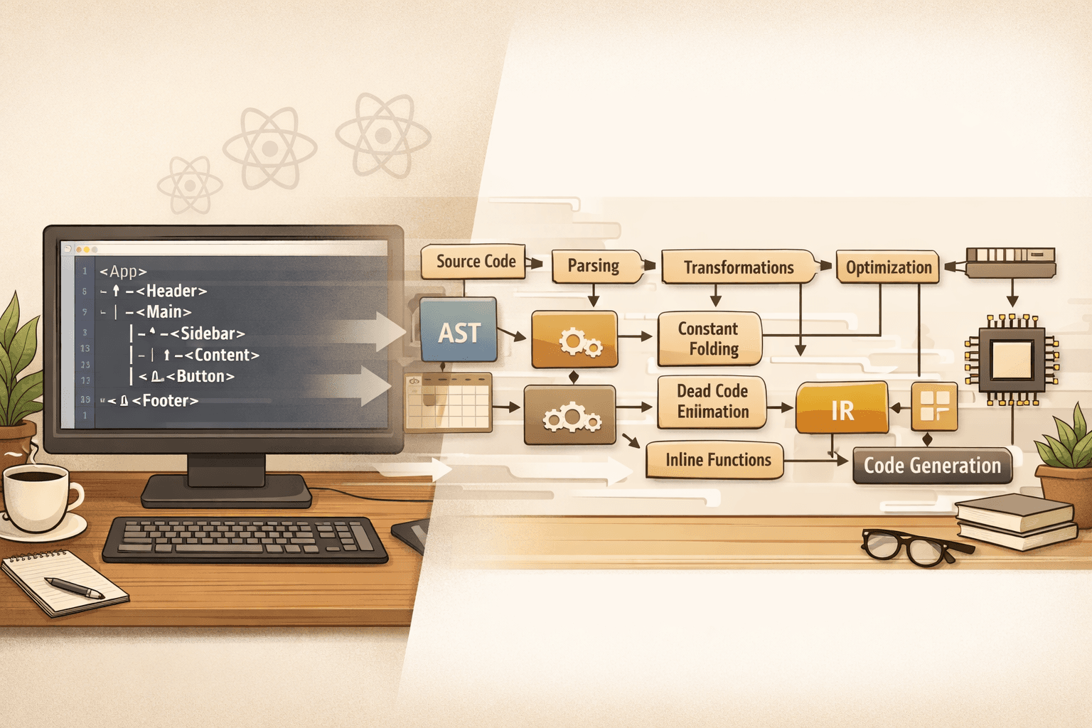 Illustration of a React component tree being optimized by a compiler pipeline.