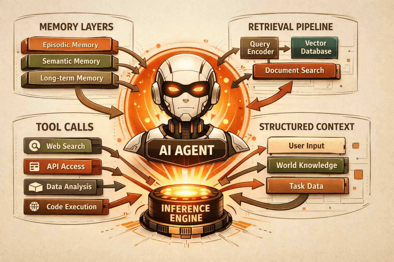 Illustration of an AI agent receiving structured context from memory, retrieval, and tools.